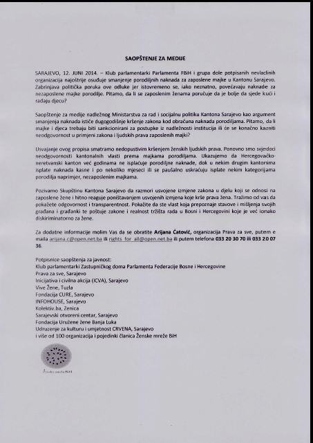 Saopštenje za medije – najoštrija osuda smanjenja porodiljskih naknada od strane Kluba parlamentarki FBIH i grupe NVOa